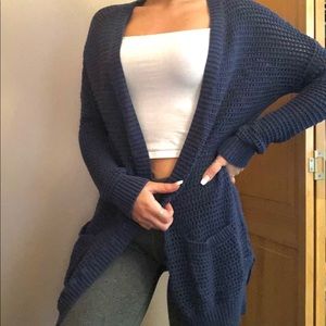 blue open sweater